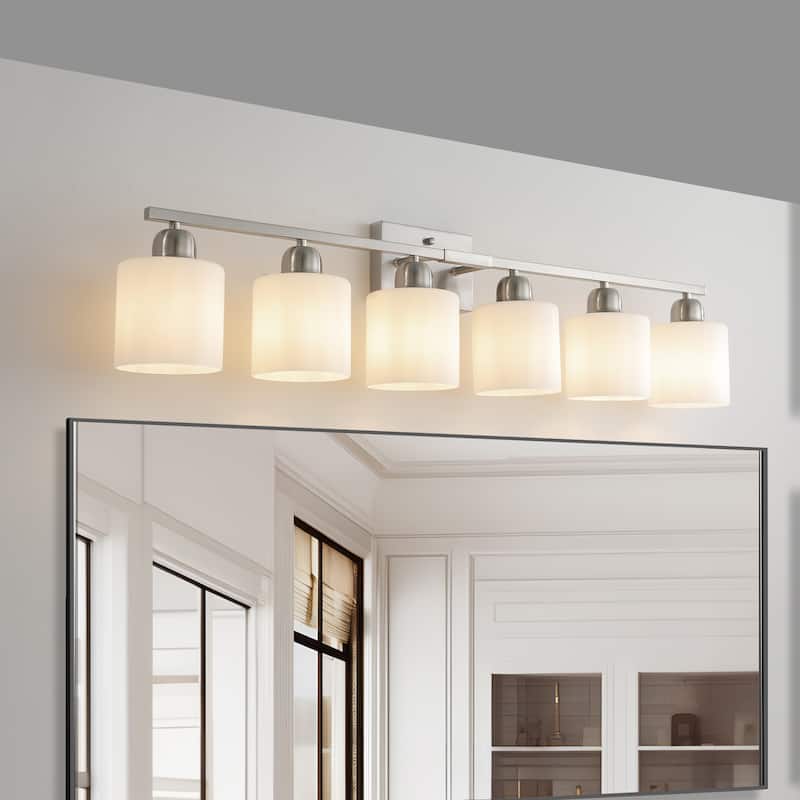 38" 6-Light Nickel Bathroom Vanity - Milky Glass - Wall Sconce for Bedroom - Chrome
