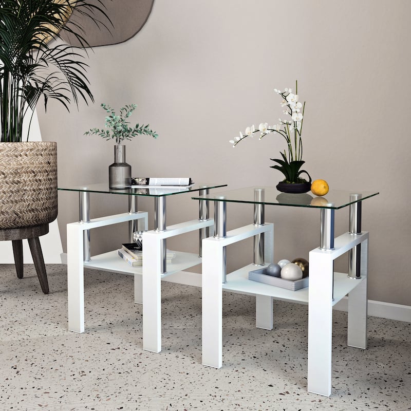 Set Of 2, Modern Tempered Glass Tea Table Coffee Table End Table