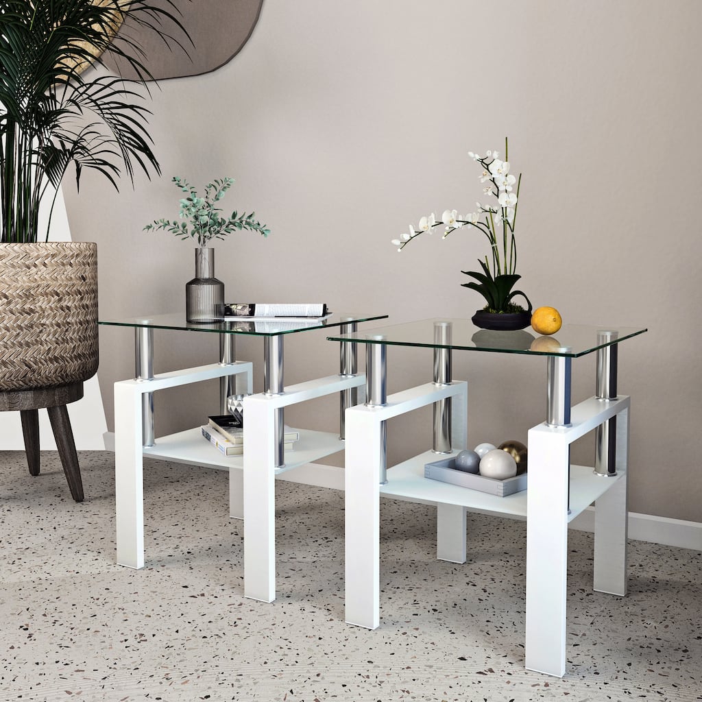 Set Of 2, Modern Tempered Glass Tea Table Coffee Table End Table