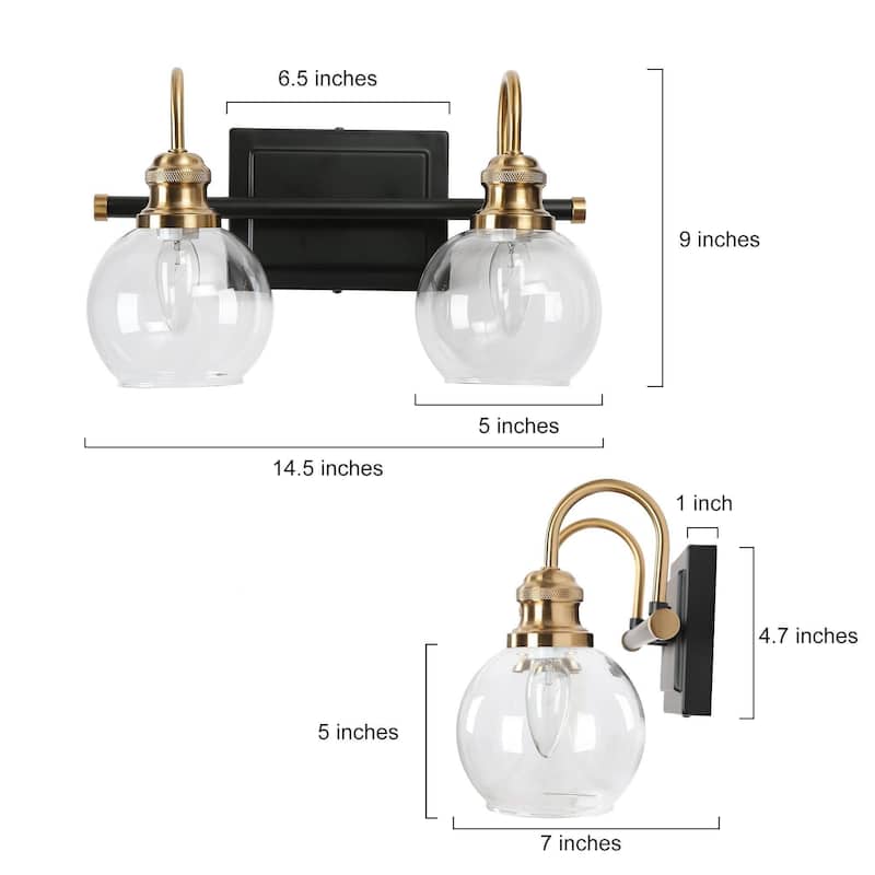 Modern 2-Light Black Gold Bathroom Vanity Lights Globe Glass Wall Sconce - 14.5" L x 7" W x 9" H