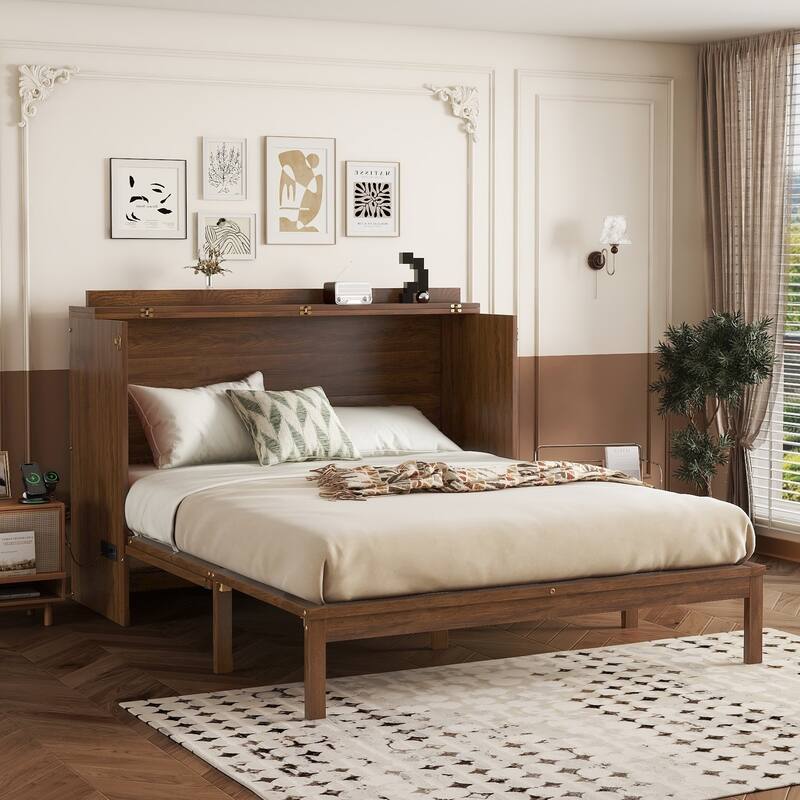 Murphy Bed, Pine Wood Cabinet Bed with Power Station and Rattan Decoration Panel