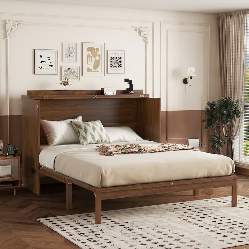 Queen Size Murphy Bed Foldable to Space Saving Rattan Cube Cabinet Convertible Platform Bed Frame with Power Station and Drawer