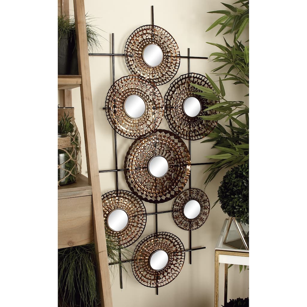 Brown Metal Plate Home Wall Decor with Round Mirrored Accents