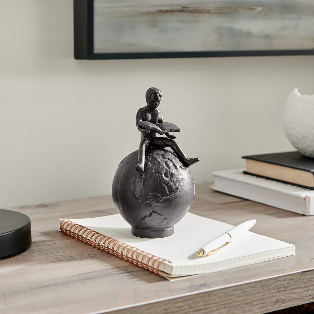 Reading Boy on Globe Figurine - 5.75" - Brown