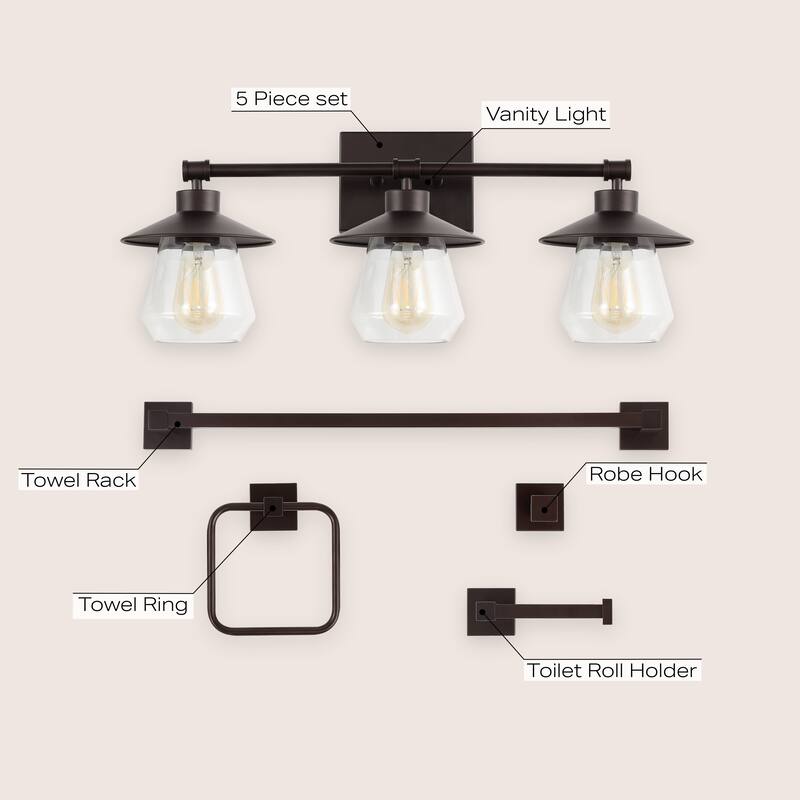 Ellis 26" 3-Light Farmhouse Cottage Vanity Light with Bathroom Hardware Accessory Set, (5-Piece) by JONATHAN Y