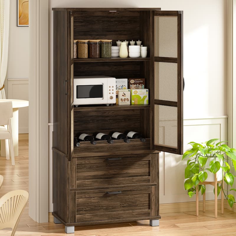 Rattan Door Pantry Storage Cabinet with Wine Rack - Freestanding Storage Organizer with Anti-Tip