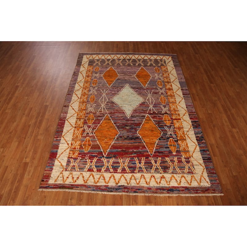 Geometric Purple Moroccan Oriental Area Rug Handmade Wool Carpet - 6'9" x 9'6"