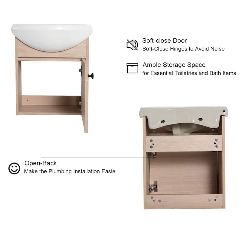 18 inch Wood Wall-Mounted Bathroom Vanity Set with Integrated Ceramic Sink