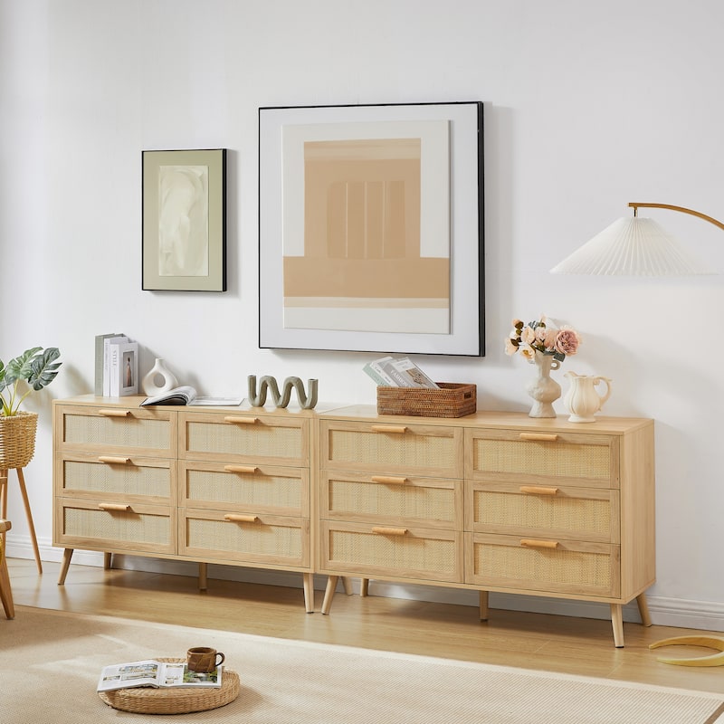 6 Drawer Double Dresser, Floor Standing Wooden Storage Cabinet, Storage Wardrobe Dresser with Gold Handles & Solid Wood Legs