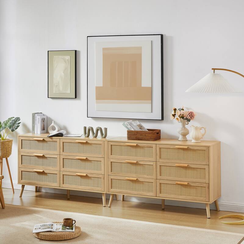 Modern Stylish Double Dressing Drawers with 6 Rattan Drawers, for Childrens Room Living Room Entryway Hallway