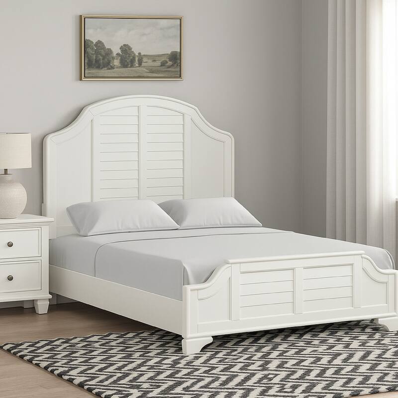 Kyna Queen Bed, Louvered Style and Scalloped Edges, Antique White Wood