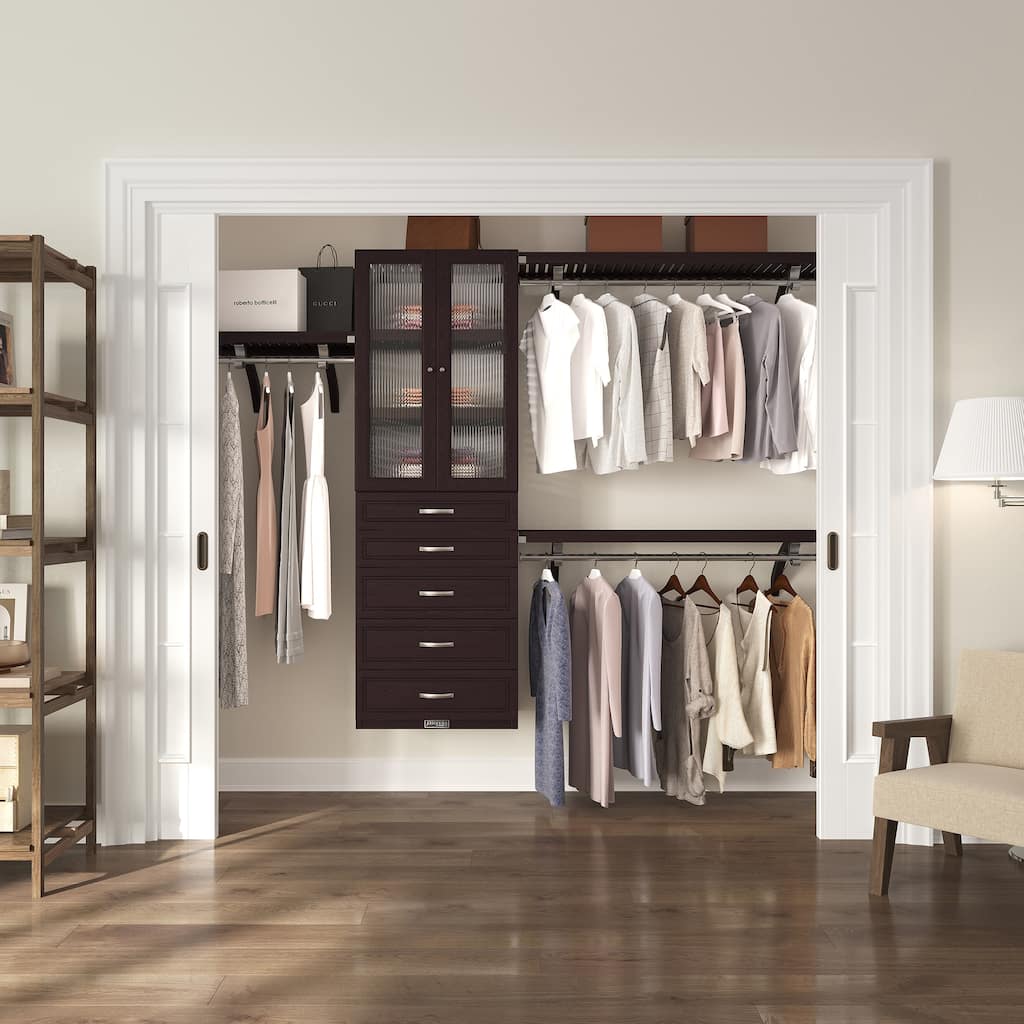 John Louis Home Solid Wood Walk-In Closet System with 5-Drawers and Doors Espresso