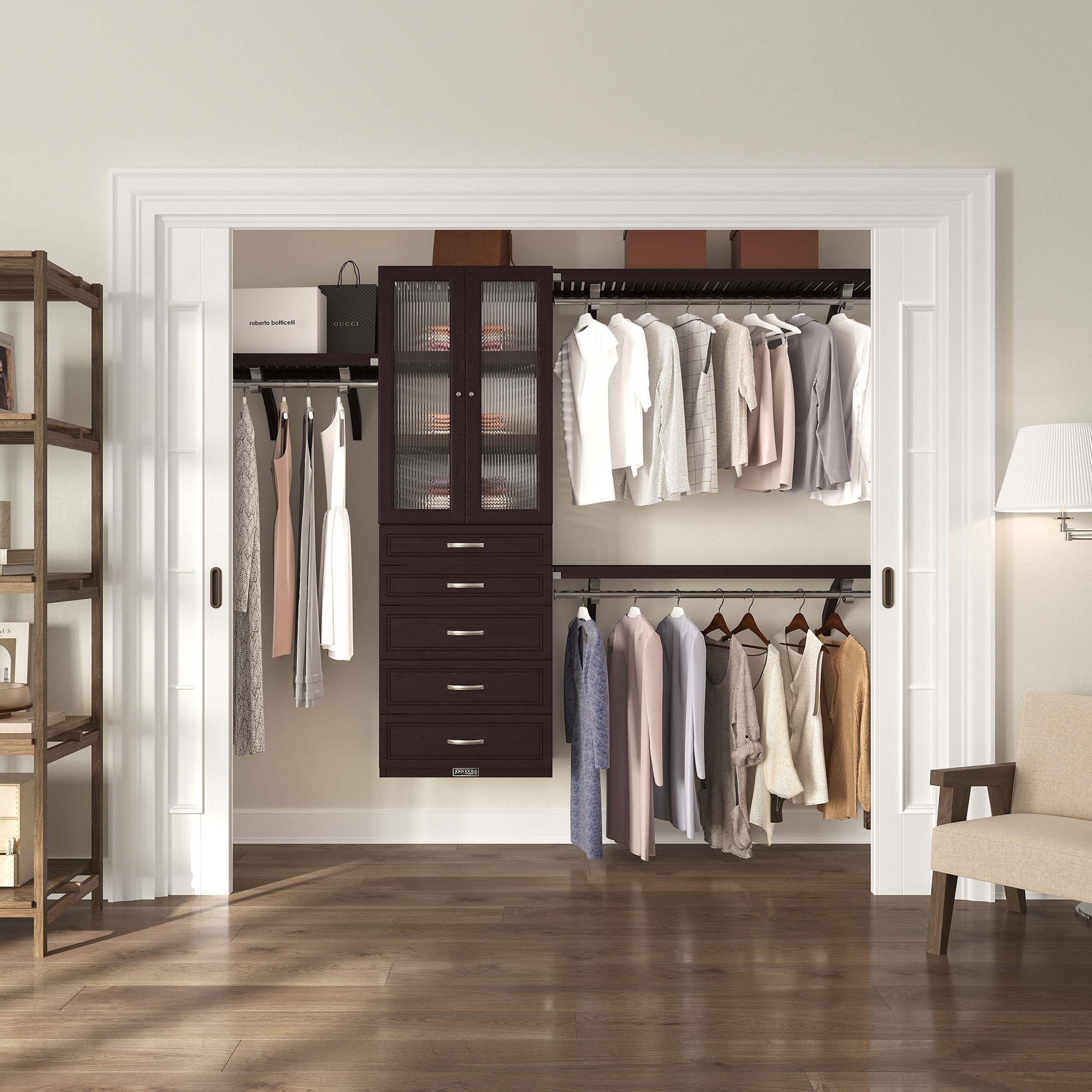 John Louis Home Solid Wood Walk-In Closet System with 5-Drawers and Doors Espresso