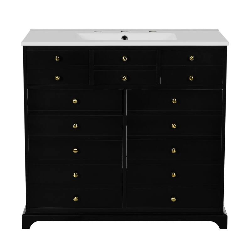 36-Inch Bathroom Vanity with Ceramic Sink, Solid Wood Frame, 2 Drawers & 2 Cabinets, Soft-Closing Hinges - 36in L Ceramic+MDF