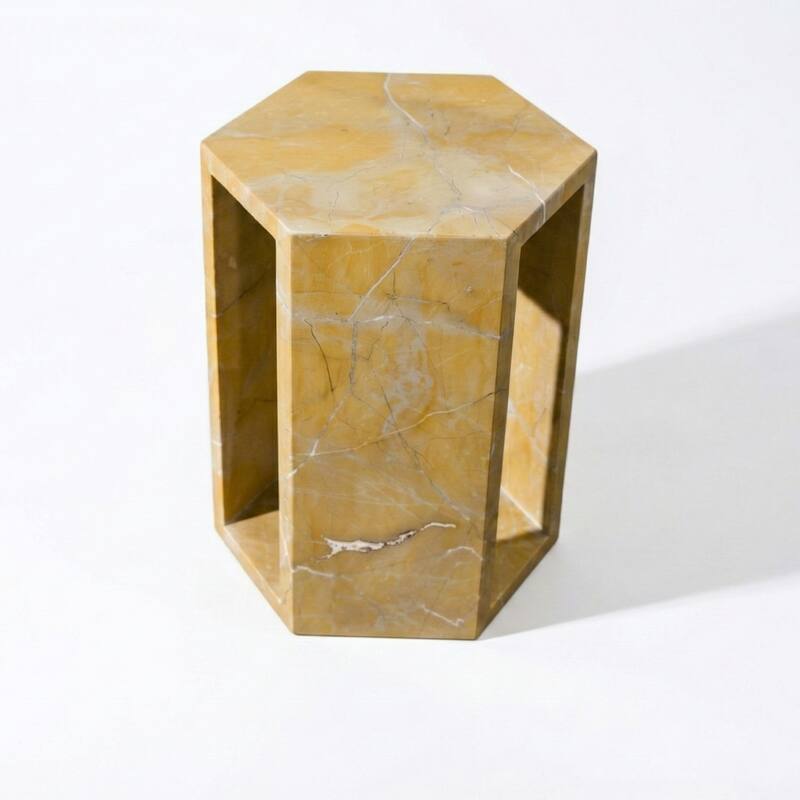 Roomfitters Luxury Natural Marble Hexagon Side Table, Solid Stone Geometric Pedestal End Table, Polished Finish