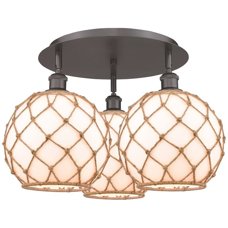 Innovations Lighting 516-3C-14-22 Farmhouse Rope Semi-Flush Farmhouse - Oil Rubbed Bronze / White Glass with Brown Rope