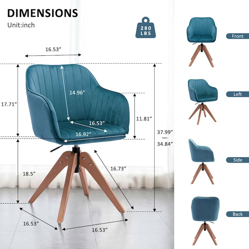 Modern Velvet Tufted Dining Armchair with Swivel and Solid Wood Legs Upholstered Accent Seat - 34.84”H x 16.53”W x 16.53”D