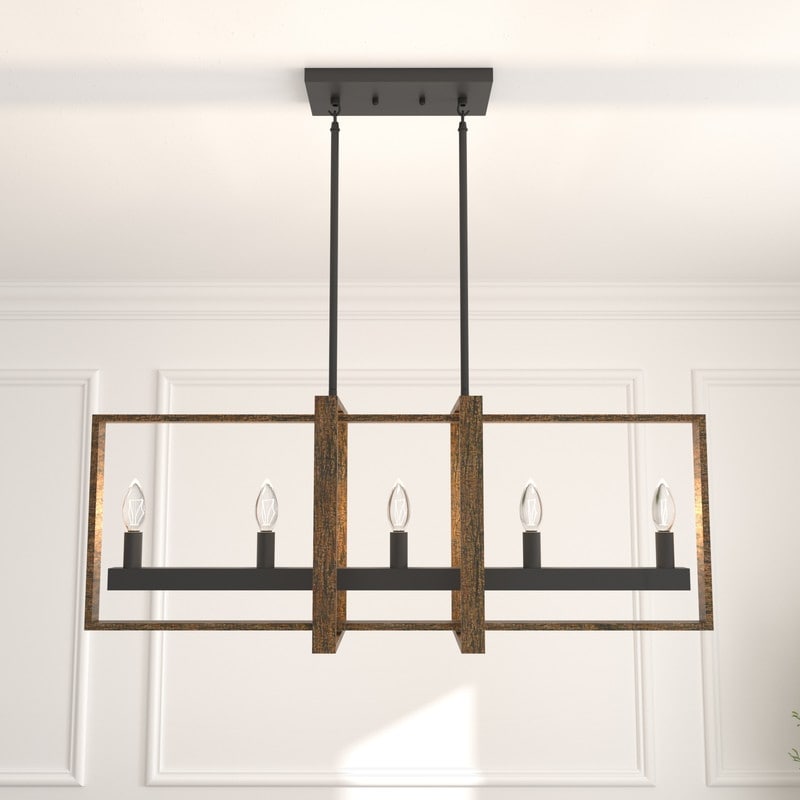 Acroma Farmhouse Wood Accent 5-light Geometric Linear Chandelier for Dining Room - 34 inches