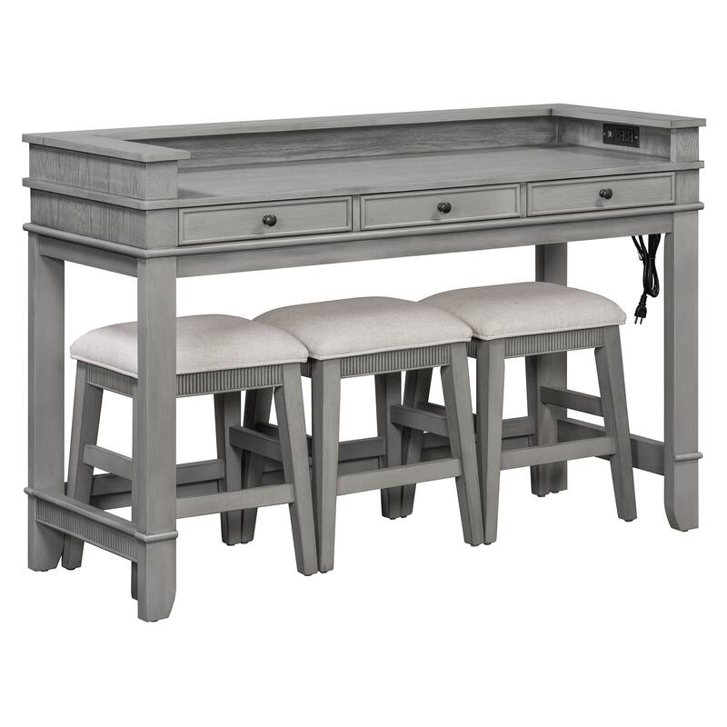 4-Piece Bar Dining Table Set with Stools & 3 Storage Drawers, Counter Height Kitchen Table Set with USB Charging Ports