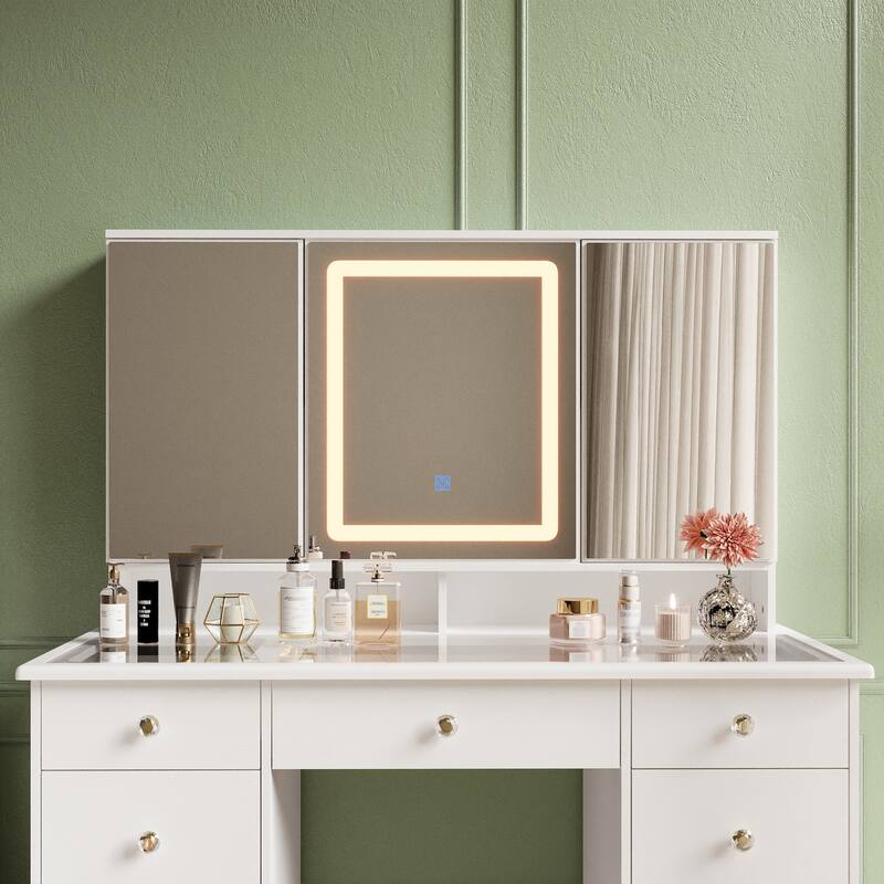 43" White Makeup Vanity Desk with LED Lighted Mirror, Tempered Glass Top, 9 Drawers Storage Dressing Table