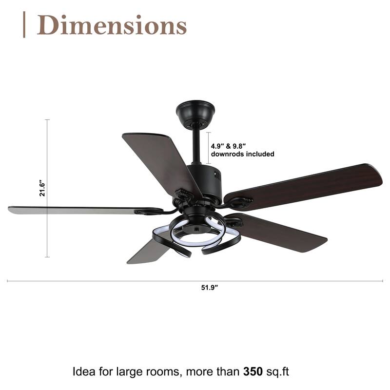 CurveCurio 52" Classic Solid Wood Ceiling Fan 3 Color Dimmable LED Light Kit & 6 Speed Quiet DC Motor w/ Remote Control