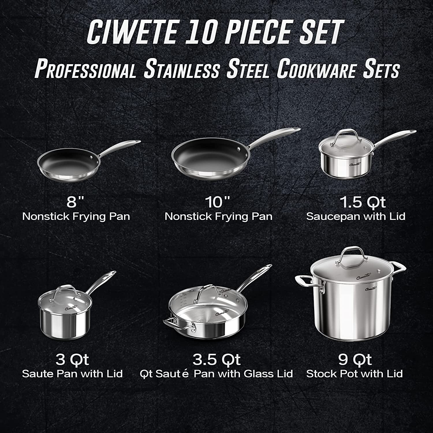 Stainless Steel Pots and Pans Set 10 Piece Kitchen Cookware Set with Nonstick Frying Pans and Glass Lids Multicolor