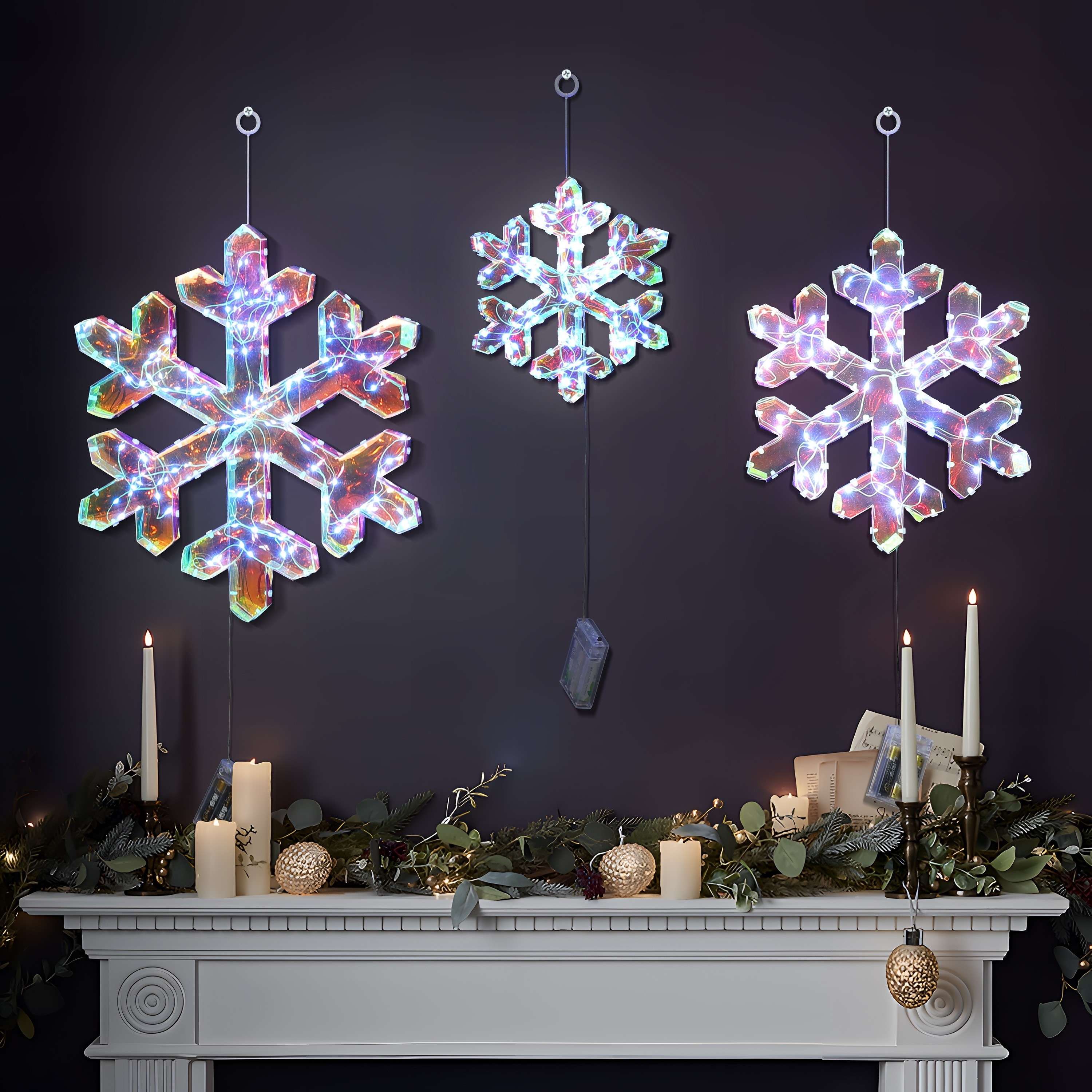 3-Piece Snowflake Holiday Decoration Set with Battery-Operated Lights