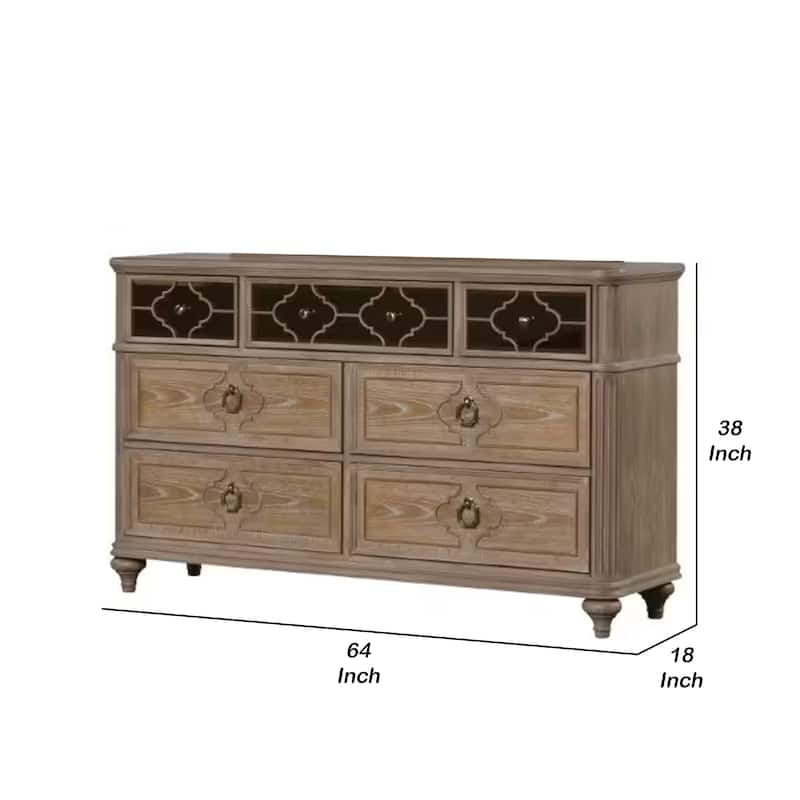 Lyla 7 Drawer Wide Dresser, Rustic Oak Solid Wood, Antique Mirror Panels