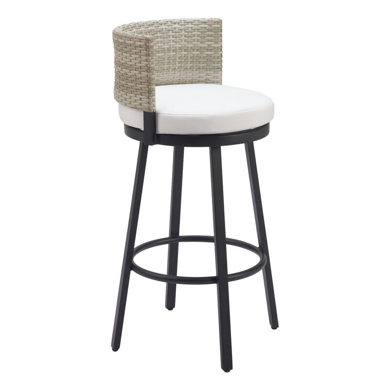 HomeRoots 31" Black Natural and White Aluminum And Faux Rattan Swivel Bar Height Bar Chair