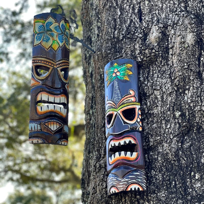 Carved Wood 20 Inch Tiki Wall Masks Palm/ Plumeria Flower (Set Of 2)