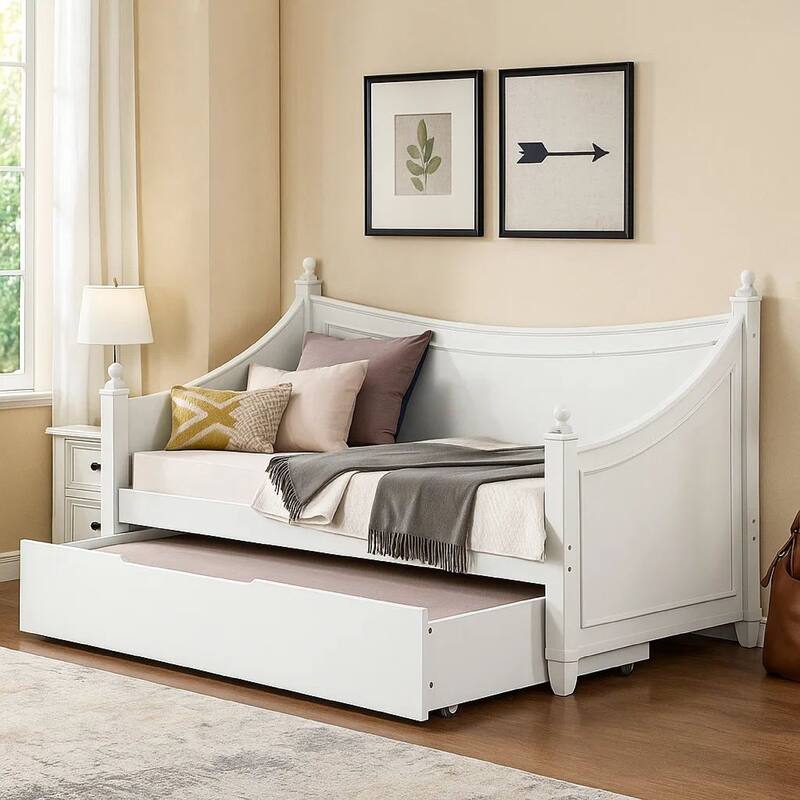 Kiki Twin Size Daybed w Trundle, Molded Details White Solid Wood