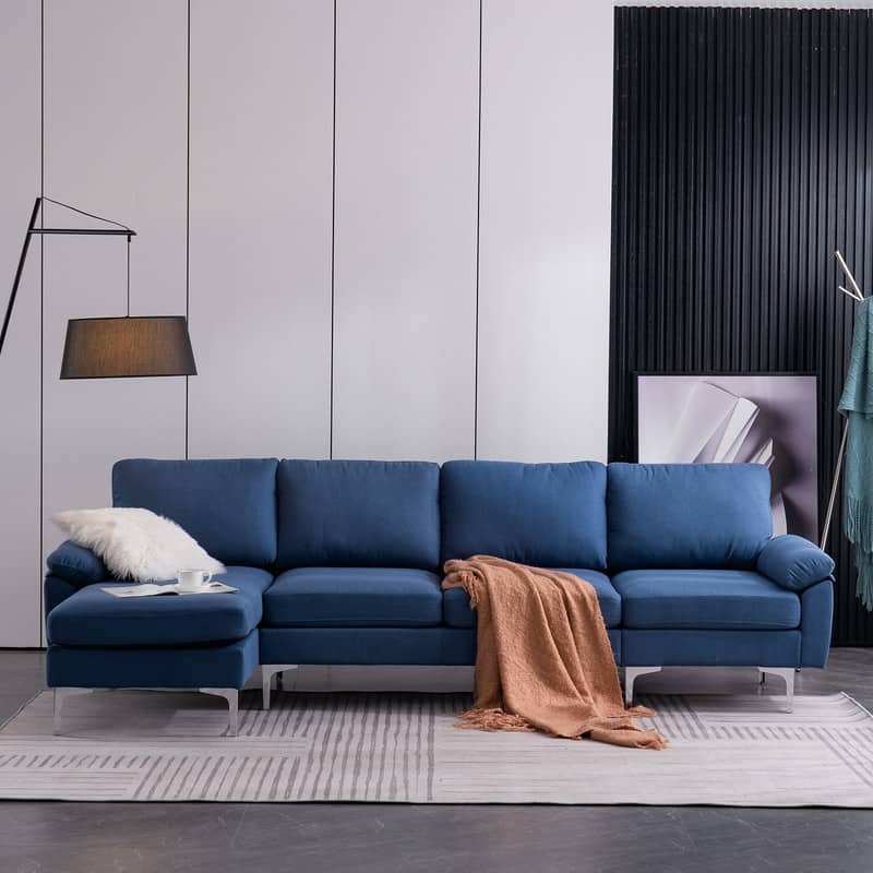 L-Shaped Fabric With Chaise Iron Feet 4 Seats Indoor Modular Sofa - 110“ - Blue