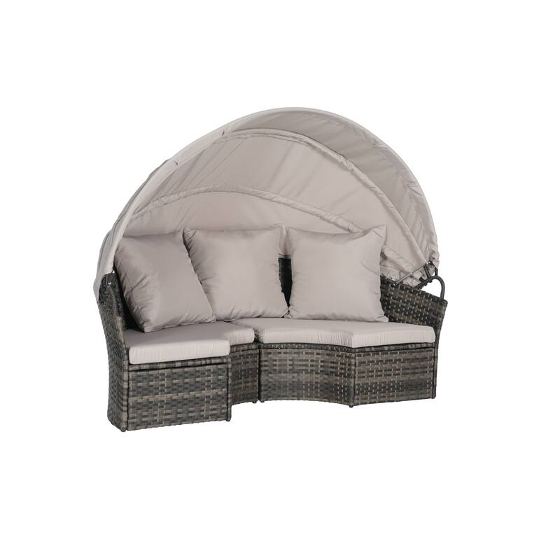 5-Piece Outdoor Patio Conversation Set Wicker Daybed Set with Canopy, Storable Table&Soft Cushions