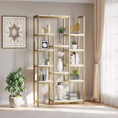 Wood 6-Tier Gold Bookshelf 71" Tall Modern Free Standing Bookshelf with 12 Shelves
