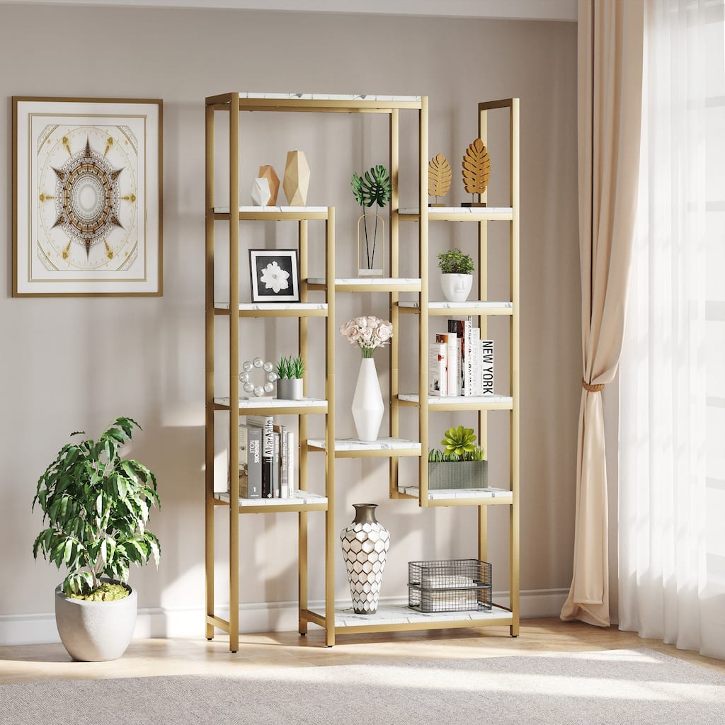 Wood 6-Tier Gold Bookshelf 71" Tall Modern Free Standing Bookshelf with 12 Shelves