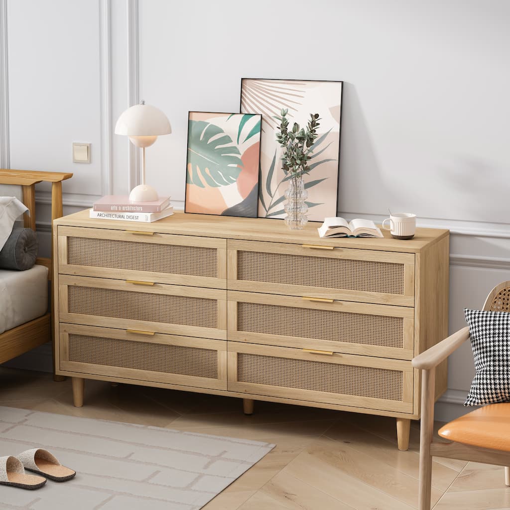 59.06" 6-Drawers Rattan Storage Cabinet Rattan Drawer with White Drawer Slides, for Bedroom, Living Room