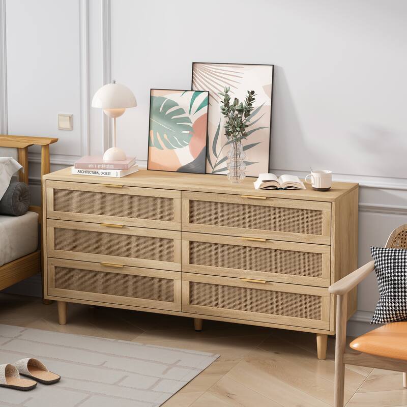 59.06" 6-Drawers Rattan Storage Cabinet Rattan Drawer with White Drawer Slides, for Bedroom, Living Room - Natural