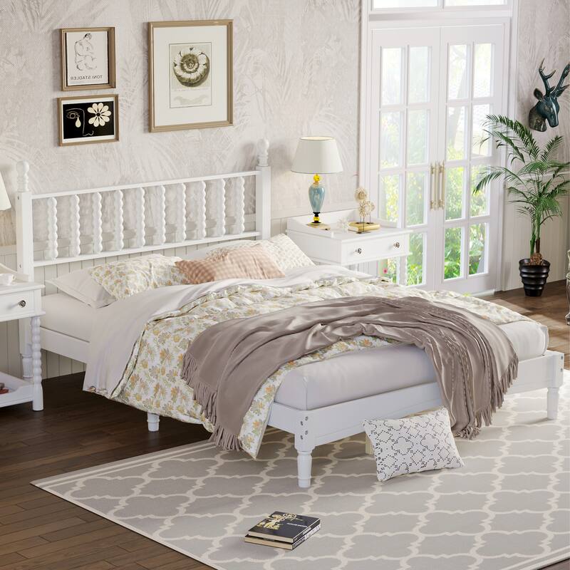 Wooden Slat Support Panel Bed Frame with Gourd-Shaped Headboard, Platform Bed, No Box Spring Required Low Profile Bed
