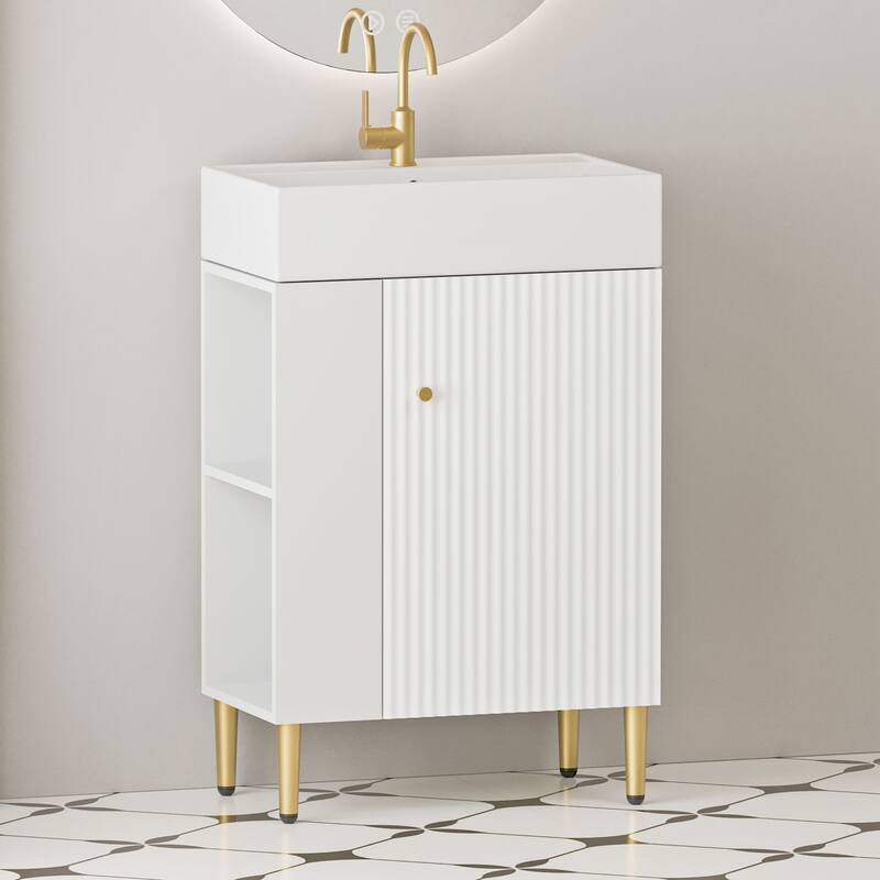 Compact White Bathroom Vanity with Ceramic Sink, Soft-Closing Cabinet, and Brushed Copper Accents for Small Spaces - 24 in ,White ,Wood , Left Side - White