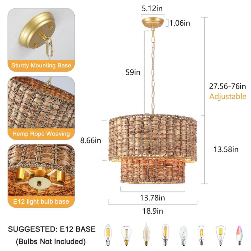 18.9 in. 5-Light Hemp Rope Weaving Drum Chandelier, Bohemian Style Chandelier, Handwoven Semi Flush Mount Chandelier
