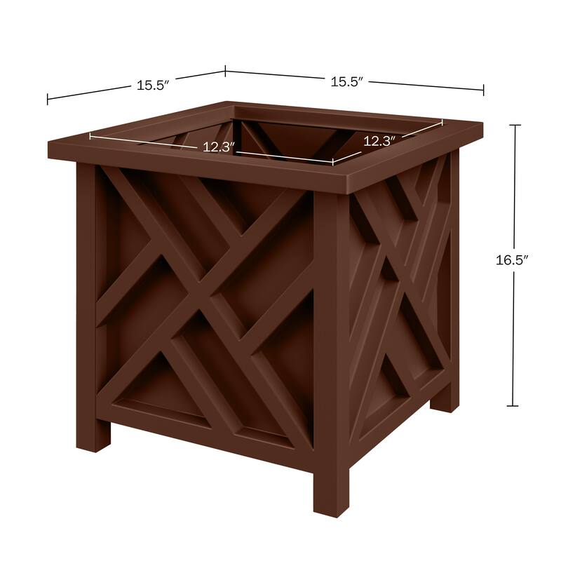 Lattice Design Planter Box - 15.5-Inch-Square Decorative Outdoor Flower or Plant Pot by Pure Garden (Brown)