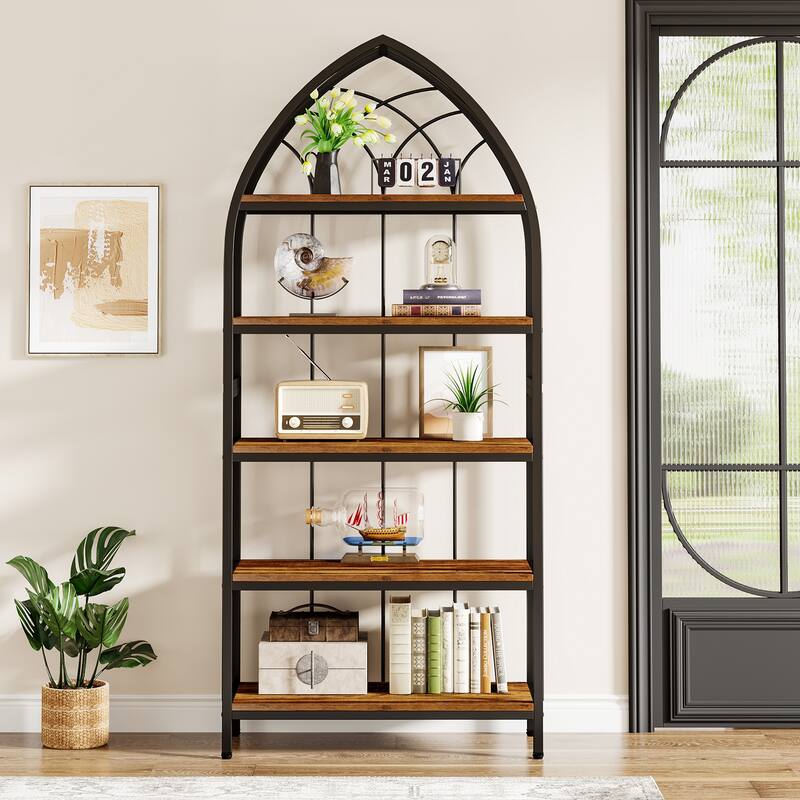 5-Tier Bookshelf Bookcase with Unique Bow Design Top for Home Office, Open Display Storage Shelf for Living Room