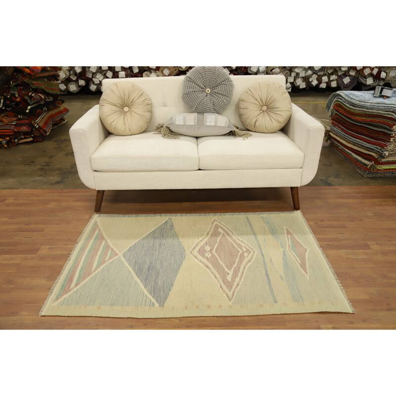 Hand Woven Oriental 100% Wool Carpet Southwestern Modern Beige & Ivories Kilim Area Rug - 4' 9'' X 3' 3''