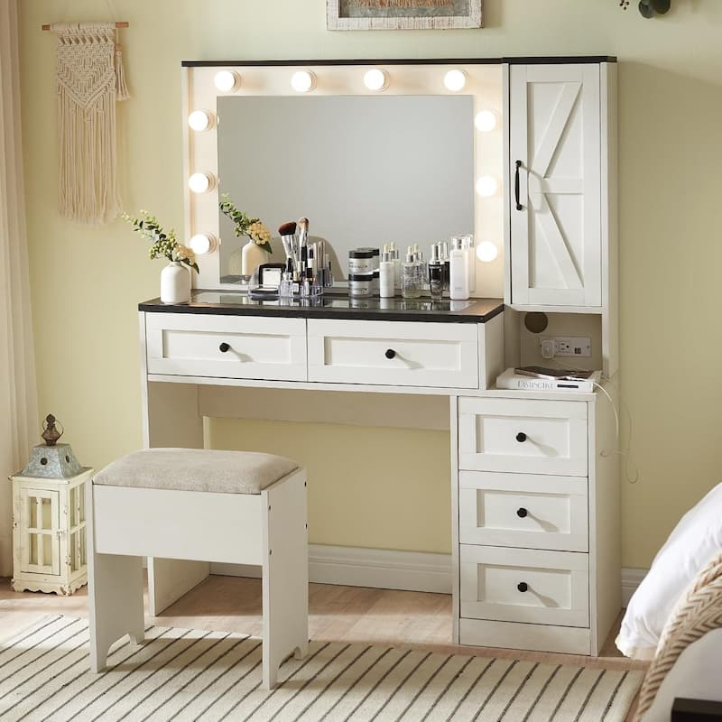 Farmhouse Vanity Makeup Desk with Charging Station, Makeup Table Set - White
