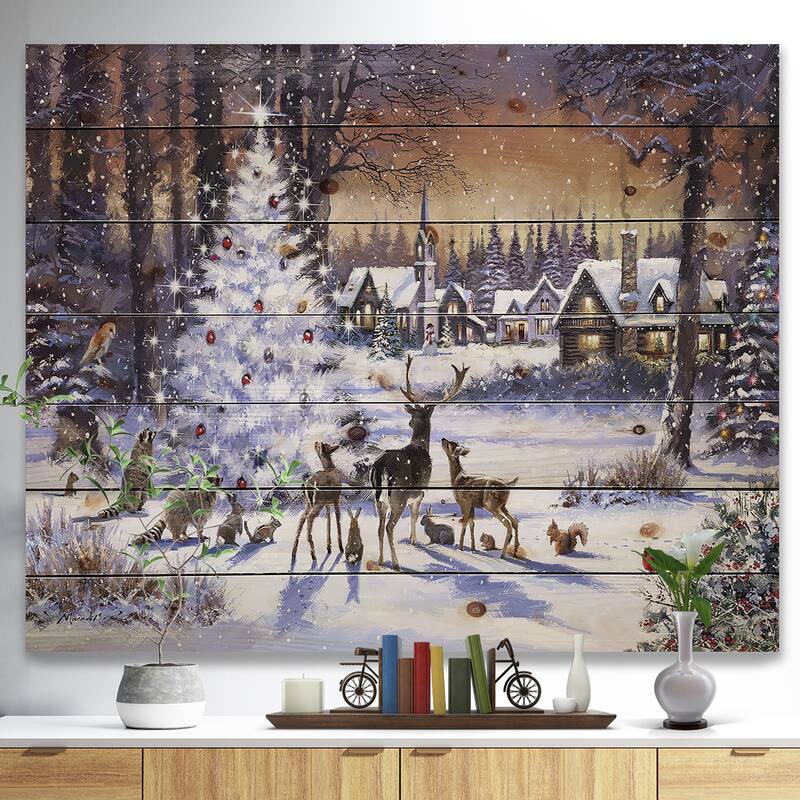 Designart 'Christmas Woods with Deer, Buck and Owl' Print on Natural Pine Wood - White