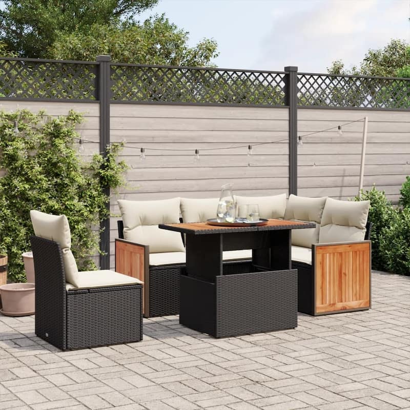 vidaXL Patio Sofa Set with Cushions Outdoor Furniture 6 Piece Poly Rattan - 21.7 x 39.4 x 28.7 in - Black and cream