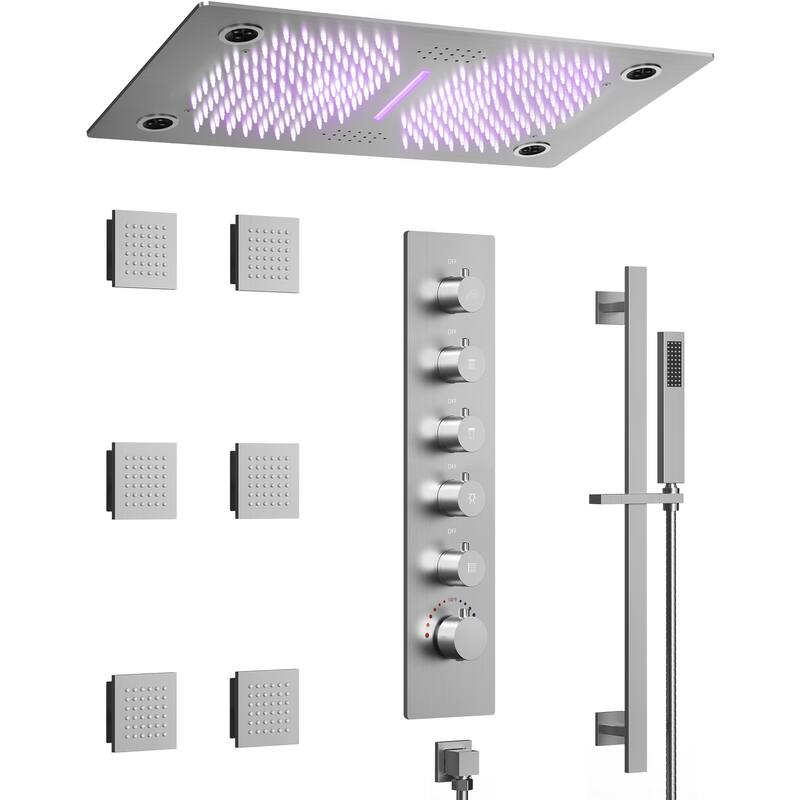 GRANDJOY LUXURY Shower Faucet Set 28"*16" Ceiling Mount Shower Head Body Jets Handheld Spray with Slide Bar LED Music