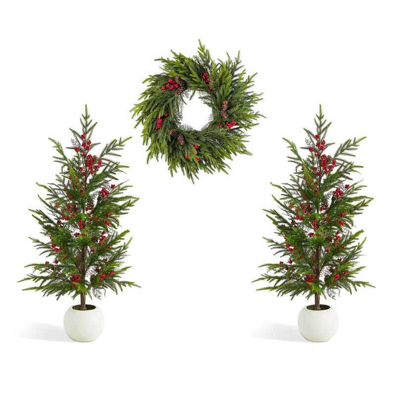 Glitzhome Christmas Greenery PE Dripping Pine Porch Tree with Pinecones and Red Berries