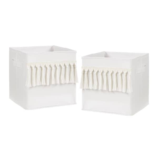 slide 2 of 4, Ivory Boho Bohemian Collection Foldable Fabric Storage Bins - Gender Neutral Off White Farmhouse Minimalist Tassel Fringe Cotton