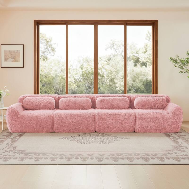 Rossetta 149'' Modern 4-seater Soft Fluffy Plush Fabric Modular Sectional Deep Sofa Couches, Free Combination Buckle Connection